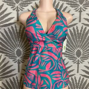 Next By Athena Tankini Top Size Small 38D Pink Teal Tropical Swim NWT